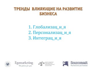 1. Глобализац_и_я 2. Персонализац_и_я 3. Интеграц_и_я ТРЕНДЫ  ВЛИЯЮЩИЕ НА РАЗВИТИЕ БИЗНЕСА 