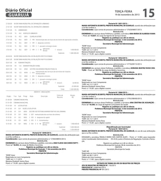 Diário Oficial
GUARUJÁ

terça-feira

ANEXO I - SUPLEMENTAÇÕES

Órgão

27.00.00
Órgão
27.01.00
27.00.00
27.01.00
27.01.00
27.01.00
27.01.00
27.01.00
27.01.00
27.01.00
27.01.00
27.01.00
27.01.00
27.01.00
27.01.00
27.01.00
27.01.00
27.01.00
28.00.00
28.01.00
28.00.00
28.01.00
28.01.00
28.01.00
28.01.00
28.01.00
28.01.00
28.01.00
28.01.00
28.01.00
28.01.00
28.01.00
28.01.00
28.01.00
28.01.00
28.01.00

Fun

Sub

Progr

Ação
Descrição
ANEXO I - SUPLEMENTAÇÕES

Fonte de
Recurso

Suplementar
R$

SECRETARIA MUNICIPAL DE OPERAÇÕES URBANAS
Fonte de
Suplementar
Fun Sub
Progr
Ação
Descrição
Recurso
R$
SECRETARIA MUNICIPAL DE OPERAÇÕES URBANAS
SECRETARIA MUNICIPAL DE OPERAÇÕES URBANAS
15 URBANISMO
SECRETARIA MUNICIPAL DE OPERAÇÕES URBANAS
15
452 SERVIÇOS URBANOS
15 URBANISMO
15
452
3001 GUARUJÁ VERDE
15
452 SERVIÇOS URBANOS
15
452
3001 2 199 manutenção dos serviços da secretaria de operações urbanas
15
452
3001 GUARUJÁ VERDE
15
452
3001
2 199 3 despesas correntes
15
452
3001 2 199 manutenção dos serviços da secretaria de operações urbanas
15
452
3001
2 199 3 1 pessoal e encargos sociais
15
452
3001
2 199 3 despesas correntes
aplicações
15
452
3001
2 199 3 1 90
1 tesouro
1.000.000,00
diretas
15
452
3001
2 199 3 1 pessoal e encargos sociais
Subtotal
1.000.000,00
aplicações
15
452
3001
2 199 3 1 90
1 tesouro
1.000.000,00
diretas
SECRETARIA MUNICIPAL DE RELAÇÕES INSTITUCIONAIS
Subtotal
1.000.000,00
SECRETARIA MUNICIPAL DE RELAÇÕES INSTITUCIONAIS
SECRETARIA MUNICIPAL DE RELAÇÕES INSTITUCIONAIS
04 ADMINISTRAÇÃO
SECRETARIA MUNICIPAL DE RELAÇÕES INSTITUCIONAIS
04
122 ADMINISTRAÇÃO GERAL
04 ADMINISTRAÇÃO
04
122
4004 GESTÃO DA ADMINISTRAÇÃO PÚBLICA
04
122 ADMINISTRAÇÃO GERAL
manutenção dos serviços da secretaria de relações
04
122
4004 2 204
04
122
4004 GESTÃO institucionais
DA ADMINISTRAÇÃO PÚBLICA
04
122
4004
2 204 manutenção dos serviços da secretaria de relações
3 despesas correntes
04
122
4004 2 204
institucionais
04
122
4004
2 204 3 1 pessoal e encargos sociais
04
122
4004
2 204 3 despesas correntes
aplicações
04
122
4004
2 204 3 1 90
1 tesouro
20.000,00
diretas
04
122
4004
2 204 3 1 pessoal e encargos sociais
Subtotal
20.000,00
aplicações
04
122
4004
2 204 3 1 90
1 tesouro
20.000,00
diretas
Total
1.020.000,00
Subtotal
20.000,00
Total

1.020.000,00

ANEXO II - ANULAÇÕES
Órgão
07.00.00
01.00.00
Órgão
07.01.00
01.01.00
07.01.00
01.00.00
01.01.00
07.01.00
01.01.00
01.01.00
07.01.00
01.01.00
01.01.00
07.01.00
01.01.00
01.01.00
01.01.00
07.01.00
01.01.00
01.01.00
07.01.00
01.01.00
01.01.00
07.01.00
01.01.00
01.01.00
01.01.00

Fonte de
Anular
Fun Sub Progr
Ação ANEXO II -Descrição
ANULAÇÕES
Recurso
R$
SECRETARIA MUNICIPAL DE DESENVOLVIMENTO E ASSISTÊNCIA SOCIAL
CÂMARA MUNICIPAL
Fonte de
Anular
Fun Sub MUNICIPAL DE DESENVOLVIMENTO E ASSISTÊNCIA SOCIAL
Ação
Descrição
SECRETARIA Progr
Recurso
R$
CÂMARA MUNICIPAL
08 ASSISTÊNCIA
CÂMARA MUNICIPALSOCIAL
01 LEGISLATIVA
08
244 ASSISTÊNCIA COMUNITÁRIA
CÂMARA MUNICIPAL
01
031 AÇÃO LEGISLATIVA
08
244
1004 ASSISTÊNCIA SOCIAL
01 LEGISLATIVA
01
031
4005 GESTÃO DO SISTEMA ADMINISTRATIVO DA CÂMARA
manutenção e ampliação dos serviços de assistência
08 031 AÇÃO LEGISLATIVA
244
1004 2 018
01
comunitária e social
01
031
4005 2 001 manutenção dos serviços da câmara
01
08 031
244 4005 GESTÃO 4 despesas de capital
1004 2 001 DO despesas correntes
2 018 3 SISTEMA ADMINISTRATIVO DA CÂMARA
01
031
4005
01
08 031
244 4005 2 001 manutenção dos serviços da câmara
1004 2 018 3 1 pessoal e encargos sociais
01
031
4005 2 001 4 4 investimentos
01
031
4005 2 001 4 despesasaplicações
de capital
08 031
244 4005
1004 2 001 4 4 90 aplicações
2 018 3 1 90
1 tesouro
20.000,00
01
1 tesouro
1.000.000,00
diretas
diretas
01
031
4005 2 001 4 4 investimentos
Subtotal
20.000,00
Subtotal
1.000.000,00
aplicações
01
031
4005 2 001 4 4 90
1 tesouro
1.000.000,00
Total
1.020.000,00
diretas

Subtotal
1.000.000,00
Portaria N.º 3040/2013. MARIA ANTONIETA DE BRITO, PREFEITA MUNICIPAL DE GUARUJÁ, usando das atribuições que
a Lei lhe confere; e,
Considerando o que consta do processo administrativo n.º 37464/88955/2013;
RESOLVE:
EXONERAR dos serviços desta Prefeitura, a pedido, a servidora ANA FLAVIA SACCARDO RATTI –
Pront. n.º 18.955, do cargo de Médico Socorrista.
Registre-se, publique-se e dê-se ciência.
Prefeitura Municipal de Guarujá, 11 de novembro de 2013.
PREFEITA
Secretário Municipal de Administração
“ADM”/mesr
Registrada no Livro Competente
“GAB”, em 11.11.2013
Mariana Elizabeth Santos Rosa
Pront. n.º 19.281, que a digitei e assino

19 de novembro de 2013

15

Portaria N.º 3051/2013. MARIA ANTONIETA DE BRITO, PREFEITA MUNICIPAL DE GUARUJÁ, usando das atribuições que
a Lei lhe confere; e,
Considerando o que consta do processo administrativo n.º 37628/86857/2013;
RESOLVE:
EXONERAR dos serviços desta Prefeitura, a pedido, a servidora ANA MARIA DE ALMEIDA VIANA
– Pront. n.º 16.857, do cargo de Agente de Serviços Gerais.
Registre-se, publique-se e dê-se ciência.
Prefeitura Municipal de Guarujá, 12 de novembro de 2013.
PREFEITA
Secretário Municipal de Administração
“ADM”/mesr
Registrada no Livro Competente
“GAB”, em 12.11.2013
Mariana Elizabeth Santos Rosa
Pront. n.º 19.281, que a digitei e assino
Portaria N.º 3052/2013. MARIA ANTONIETA DE BRITO, PREFEITA MUNICIPAL DE GUARUJÁ, usando das atribuições que
a Lei lhe confere; e,
Considerando o que consta do processo administrativo n.º 37756/89172/2013;
RESOLVE:
EXONERAR dos serviços desta Prefeitura, a pedido, a servidora ADRIANA BEATRIZ ROSSI VENTURA – Pront. n.º 19.172, do cargo de Médico Socorrista.
Registre-se, publique-se e dê-se ciência.
Prefeitura Municipal de Guarujá, 12 de novembro de 2013.
PREFEITA
Secretário Municipal de Administração
“ADM”/mesr
Registrada no Livro Competente
“GAB”, em 12.11.2013
Mariana Elizabeth Santos Rosa
Pront. n.º 19.281, que a digitei e assino
Portaria N.º 3066/2013. MARIA ANTONIETA DE BRITO, PREFEITA MUNICIPAL DE GUARUJÁ, usando das atribuições que
a Lei lhe confere; e,
Considerando o que consta do processo administrativo n.º 37932/88500/2013;
RESOLVE:
EXONERAR dos serviços desta Prefeitura, a pedido, a servidora ANA CRISTINA DE ASSUNÇÃO –
Pront. n.º 18.500, do cargo de Agente Comunitário de Saúde.
Registre-se, publique-se e dê-se ciência.
Prefeitura Municipal de Guarujá, 13 de novembro de 2013.
PREFEITA
Secretário Municipal de Administração
“ADM”/mesr
Registrada no Livro Competente
“GAB”, em 13.11.2013
Mariana Elizabeth Santos Rosa
Pront. n.º 19.281, que a digitei e assino
(Republicação por incorreção)
Portaria N.º 3037/2013.MARIA ANTONIETA DE BRITO, PREFEITA MUNICIPAL DE GUARUJÁ, no uso de suas atribuições
que a Lei lhe confere;
RESOLVE:
DESIGNAR a servidora ÂNGELA MARIA DOS SANTOS ALVES – Pront. n.º 14.982, para responder
como Coordenador Administrativo (FG-SCA), junto à Diretoria de Regulação, Controle e Remoção.
Registre-se, publique-se e dê-se ciência.
Prefeitura Municipal de Guarujá, 08 de novembro de 2013.
PREFEITA
Secretário Municipal de Saúde
“GAB”/dll
Registrada no Livro Competente
“GAB”, em 08.11.2013
Débora de Lima Lourenço
Pront. n.º 11.901, que a digitei e assino
EXTRATO DE TERMO DE ATA DE REGISTRO DE PREÇOS
ATA DE REGISTRO DE PREÇOS N°. 150/2013
PROCESSO N° 22686/942/2013
PREGÃO PRESENCIAL Nº 091/2013

 