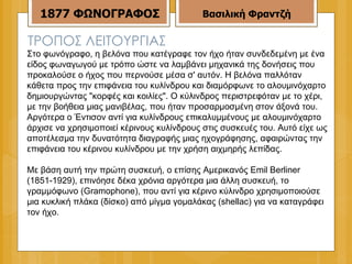 ΤΡΟΠΟΣ ΛΕΙΤΟΥΡΓΙΑΣ Στο φωνόγραφο, η βελόνα που κατέγραφε τον ήχο ήταν συνδεδεμένη με ένα είδος φωναγωγού με τρόπο ώστε να λαμβάνει μηχανικά της δονήσεις που προκαλούσε ο ήχος που περνούσε μέσα σ' αυτόν. Η βελόνα παλλόταν κάθετα προς την επιφάνεια του κυλίνδρου και διαμόρφωνε το αλουμινόχαρτο δημιουργώντας "κορφές και κοιλίες". Ο κύλινδρος περιστρεφόταν με το χέρι, με την βοήθεια μιας μανιβέλας, που ήταν προσαρμοσμένη στον άξονά του. Αργότερα ο Έντισον αντί για κυλίνδρους επικαλυμμένους με αλουμινόχαρτο άρχισε να χρησιμοποιεί κέρινους κυλίνδρους στις συσκευές του. Αυτό είχε ως αποτέλεσμα την δυνατότητα διαγραφής μιας ηχογράφησης, αφαιρώντας την επιφάνεια του κέρινου κυλίνδρου με την χρήση αιχμηρής λεπίδας. Με βάση αυτή την πρώτη συσκευή, ο επίσης Αμερικανός Emil Berliner (1851-1929), επινόησε δέκα χρόνια αργότερα μια άλλη συσκευή, το γραμμόφωνο (Gramophone), που αντί για κέρινο κύλινδρο χρησιμοποιούσε μια κυκλική πλάκα (δίσκο) από μίγμα γομαλάκας (shellac) για να καταγράφει τον ήχο. 1877   ΦΩΝΟΓΡΑΦΟΣ Βασιλική Φραντζή 