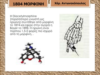 Η Diacetylmorphine (περισσότερο γνωστή ως ηρωίνη) συντέθηκε από μορφίνη το 1874 και έφερε στην αγορά η Bayer το 1898. Η ηρωίνη είναι περίπου 1,5-2 φορές πιο ισχυρό από τη μορφίνη. .  1804 ΜΟΡΦΙΝΗ Χάρ. Αντωνακόπουλος 
