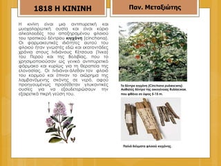 Η κινίνη είναι μια αντιπυρετική και μυοχαλαρωτική ουσία και είναι κύριο αλκαλοειδές του αποξηραμένου φλοιού του τροπικού δέντρου  κιγχόνη  ( cinchona).  Οι φαρμακευτικές ιδιότητες αυτού του φλοιού ήταν γνωστές εδώ και εκατοντάδες χρόνια στους Ινδιάνους  Κ έτσουα ('Ινκα) του Περού και της Βολιβίας, που το χρησιμοποιούσαν ως γενικό αντιπυρετικό φάρμακο και κυρίως για τη θεραπεία της ελονοσίας. Οι Ινδιάνοι άλεθαν τον φλοιό του κορμού και έπιναν το αιώρημα της λαμβανόμενης σκόνης σε νερό, αφού προηγουμένως προσέθεταν γλυκαντικές ουσίες για να εξουδετερώσουν την εξαιρετικά πικρή γεύση του.  Παλιά δείγματα φλοιού κιγχόνης.  18 18   H KININH Παν. Μεταξιώτης Το δέντρο κιγχόνη  (Cinchona pubescens) . Αειθαλές δέντρο της οικογένειας  Rubiaceae,  που φθάνει σε ύψος 5-15  m .   