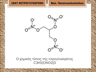 Ο χημικός τύπος της νιτρογλυκερίνης C3H5(ONO2)3 18 47  ΝΙΤΡΟΓΛΥΚΕΡΙΝΗ Βασ. Παπανικολοπούλου 
