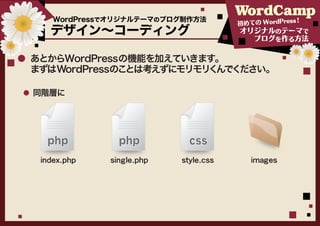 WordPressでオリジナルテーマのブログ制作方法                      ！
                                      初めての WordPress
   デザイン～コーディング                        オリジナルのテーマで
                                         ブログを作る方法

あとからWordPressの機能を加えていきます。
まずはWordPressのことは考えずにモリモリくんでください。

同階層に




  php          php          css
 index.php   single.php   style.css     images
 