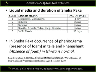 • Liquid media and duration of Sneha Paka
Accha Snehapana and Practices
• Liquid media and duration of Sneha Paka
• In Sneha Paka occurrence of phenodgama• In Sneha Paka occurrence of phenodgama
(presence of foam) in taila and Phenashanti
(Absence of foam) in Ghrita is normal(Absence of foam) in Ghrita is normal.
Rajeshvara Rao, A CRITICAL REVIEW ON SNEHA KALPANA, World Journal of 
Pharmacy and Pharmaceutical Sciences,Vol 8, Issue 8, 2019.
Dr. K. Shiva Rama Prasad, at http://www.technoayurveda.com/
y , , ,
 