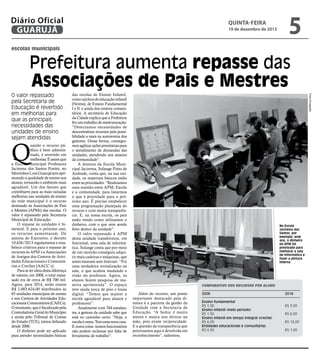 Diário Oficial
GUARUJÁ

quinta-feira

19 de dezembro de 2013

5

escolas municipais

Prefeitura aumenta repasse das
Associações de Pais e Mestres

Q

uando o recurso público é bem administrado, é revertido em
melhorias. É assim que
a Escola Municipal Professora
Jacirema dos Santos Fontes, no
Morrinhos I, em Guarujá tem aprimorado a qualidade de ensino aos
alunos, tornando o ambiente mais
agradável. Um dos fatores que
contribuem para as mais variadas
melhorias nas unidades de ensino
da rede municipal é o recurso
destinado às Associações de Pais
e Mestres (APMs) das escolas. O
valor é repassado pela Secretaria
Municipal de Educação.
O repasse às unidades é bimestral. E para o próximo ano,
os recursos aumentaram. De
autoria do Executivo, o decreto
10.626/2013 regulamenta e estabelece critérios para o repasse de
recursos às APM´s e Associações
de Amigos dos Centros de Atividades Educacionais e Comunitárias e Creches (AACC´s).
Para se ter ideia desta diferença
de valores, em 2008, o total repassado era de cerca de R$ 700 mil.
Agora, para 2014, serão exatos
R$ 2.003.624,00 distribuídos às
65 unidades municipais de ensino
e seis Centros de Atividades Educacionais Comunitários (CAECs).
O montante, que é fiscalizado pela
Controladoria Geral do Município
e ainda pelo Tribunal de Contas
do Estado (TCE), estava defasado
desde 2006.
O dinheiro pode ser aplicado
para atender necessidades básicas

das escolas de Ensino Infantil,
como núcleos de educação infantil
(Neims), de Ensino Fundamental
I e II e ainda dos centros comunitários. A secretária de Educação
da Cidade explica que a Prefeitura
fez um trabalho de reestruturação.
“Detectamos necessidades de
descentralizar recursos pela possibilidade a mais na autonomia dos
gestores. Dessa forma, conseguimos agilizar ações prioritárias para
o atendimento de demandas das
unidades, atendendo aos anseios
da comunidade”.
A diretora da Escola Municipal Jacirema, Solange Pinto de
Andrade, conta que, na sua unidade, os materiais básicos estão
entre as prioridades. “Realizamos
uma reunião entre APM, Escola
e a comunidade, para listarmos
o que é prioridade para o próximo ano. É preciso estabelecer
uma programação planejada do
recurso e com muita transparência. E, na nossa escola, os pais
estão vendo como utilizamos o
dinheiro, com o que vem sendo
feito dentro da unidade”.
O valor repassado à APM
desta unidade transformou, em
funcional, uma sala de informática. Solange conta que por meio
de um mutirão conseguiu adquirir mais cadeiras e máquinas, que
antes estavam sem Internet. “Foi
uma verdadeira revitalização na
sala, o que acabou mudando a
visão do professor. Agora, os
alunos fazem pesquisa de maneira aprimorada”. O espaço
teve ainda troca de piso e lousa
digital. “Temos que manter a
escola agradável para alunos e
professores”.
Atualmente com 704 estudantes, a gestora da unidade sabe que
está no caminho certo. “Hoje, a
escola é outra. Tem uma nova cara.
E outra coisa: nossos funcionários
não podem reclamar por falta de
ferramenta de trabalho”.

Fotos Divulgação

O valor repassado
pela Secretaria de
Educação é revertido
em melhorias para
que as principais
necessidades das
unidades de ensino
sejam atendidas

Na Escola
Jacirema dos
Santos, por
exemplo, este
ano, o dinheiro
da APM foi
priorizado para
melhorar a sala
de informática e
fazer a pintura
interna

Comparativo dos recursos por aluno

Além do recurso, um ponto
importante destacado pela diretora é a parceria da gestão da
Unidade com a Secretaria de
Educação. “A Seduc é muito
atenta e nunca nos deixou na
mão, pois existe reciprocidade.
E a questão da transparência que
priorizamos aqui é devolvida em
reconhecimento”, salientou.

2006	
Ensino fundamental	
R$ 1,00	
Ensino infantil (meio período)
R$ 1,50	
Ensino infantil em tempo integral (creche)
R$ 6,00	
Entidades educacionais e comunitárias
R$ 0,50	

2014
R$ 3,00	
R$ 6,00
R$ 12,00
R$ 1,00

 