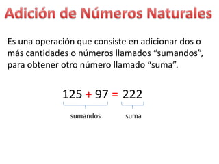 Es una operación que consiste en adicionar dos o
más cantidades o números llamados “sumandos”,
para obtener otro número llamado “suma”.


             125 + 97 = 222
               sumandos     suma
 