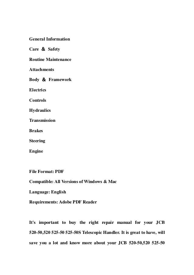 JCB 520-50,520 525-50 525-50S Telescopic Handler Service Repair Works…