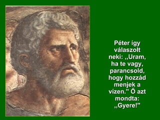 Péter így válaszolt neki: ,,Uram, ha te vagy, parancsold, hogy hozzád menjek a vízen.'' Ő azt mondta: ,,Gyere!'' 