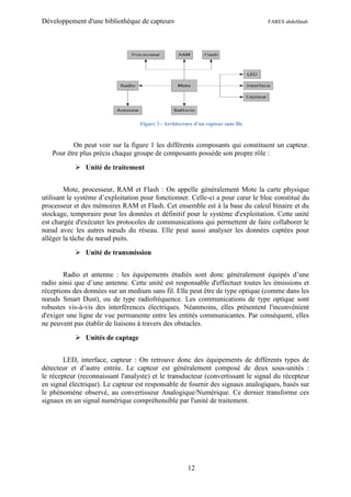 Développement d'une bibliothèque de capteurs                                        FARES abdelfatah




                                   Figure 3 : Architecture d’un capteur sans fils



          On peut voir sur la figure 1 les différents composants qui constituent un capteur.
   Pour être plus précis chaque groupe de composants possède son propre rôle :

            Unité de traitement


        Mote, processeur, RAM et Flash : On appelle généralement Mote la carte physique
utilisant le système d’exploitation pour fonctionner. Celle-ci a pour cœur le bloc constitué du
processeur et des mémoires RAM et Flash. Cet ensemble est à la base du calcul binaire et du
stockage, temporaire pour les données et définitif pour le système d'exploitation. Cette unité
est chargée d'exécuter les protocoles de communications qui permettent de faire collaborer le
nœud avec les autres nœuds du réseau. Elle peut aussi analyser les données captées pour
alléger la tâche du nœud puits.

            Unité de transmission


        Radio et antenne : les équipements étudiés sont donc généralement équipés d’une
radio ainsi que d’une antenne. Cette unité est responsable d'effectuer toutes les émissions et
réceptions des données sur un medium sans fil. Elle peut être de type optique (comme dans les
nœuds Smart Dust), ou de type radiofréquence. Les communications de type optique sont
robustes vis-à-vis des interférences électriques. Néanmoins, elles présentent l'inconvénient
d'exiger une ligne de vue permanente entre les entités communicantes. Par conséquent, elles
ne peuvent pas établir de liaisons à travers des obstacles.

            Unités de captage


        LED, interface, capteur : On retrouve donc des équipements de différents types de
détecteur et d’autre entrée. Le capteur est généralement composé de deux sous-unités :
le récepteur (reconnaissant l'analyste) et le transducteur (convertissant le signal du récepteur
en signal électrique). Le capteur est responsable de fournir des signaux analogiques, basés sur
le phénomène observé, au convertisseur Analogique/Numérique. Ce dernier transforme ces
signaux en un signal numérique compréhensible par l'unité de traitement.




                                                        12
 