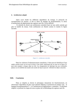 Développement d'une bibliothèque de capteurs                                            FARES abdelfatah




   6. Architecture adopté


           Apres avoir étudié les différents algorithmes de routage, le protocole de
   reconnaissance de réseaux, et fait le choix de langage de programmation, le choix
   d’architectures de déploiement des capteurs sans fils s’avers difficile,
           J’ai décidé de choisir une architecture centralisé basé sur une entité centrale qui
   gère la totalité du réseau. Cette architecture est illustré comme le montre la figure
   suivante.




                                          Figure 11 : Architecture centralisé



           Dans les solutions d’ordonnancement centralisées, il faut pouvoir bénéficier d’une
   entité centrale ayant vue sur tout le réseau. Cette entité, représentée par un carré sur la figure 16,
   peut ainsi assigner à chaque objet un rôle. Les changements de topologie dus aux éventuelles
   pannes ou à la mobilité des nœuds sont scrutés de façon à pouvoir informés les objets concernés.




 XIII.     Conclusion

           Dans ce chapitre je choisie le principaux mécanisme de fonctionnement, on
   choisissant l’algorithme de plus court chemins Dijkstra, le protocole de routage ospf, le
   langage de programmation C++ et l’architecture de déploiement « centralisé ». le prochain
   chapitre va présenté les étapes de mise en place de la bibliothèque de capteurs sans fils




                                                         28
 