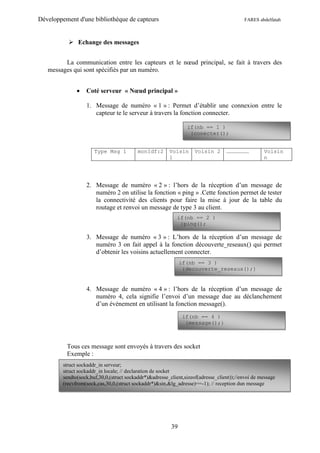 Développement d'une bibliothèque de capteurs                                               FARES abdelfatah



            Echange des messages


         La communication entre les capteurs et le nœud principal, se fait à travers des
   messages qui sont spécifiés par un numéro.


                  Coté serveur « Nœud principal »

                   1. Message de numéro « 1 » : Permet d’établir une connexion entre le
                      capteur te le serveur à travers la fonction connecter.

                                                                 if(nb == 1 )
                                                                  {conecter();


                       Type Msg 1          monIdf:2      Voisin      Voisin 2      …………………          Voisin
                                                         1                                          n




                   2. Message de numéro « 2 » : l’hors de la réception d’un message de
                      numéro 2 on utilise la fonction « ping » .Cette fonction permet de tester
                      la connectivité des clients pour faire la mise à jour de la table du
                      routage et renvoi un message de type 3 au client.
                                                             if(nb == 2 )
                                                              {ping();

                   3. Message de numéro « 3 » : L’hors de la réception d’un message de
                      numéro 3 on fait appel à la fonction découverte_reseaux() qui permet
                      d’obtenir les voisins actuellement connecter.
                                                               if(nb == 3 )
                                                                {decouverte_reseaux();}


                   4. Message de numéro « 4 » : l’hors de la réception d’un message de
                      numéro 4, cela signifie l’envoi d’un message due au déclanchement
                      d’un événement en utilisant la fonction message().
                                                                if(nb == 4 )
                                                                 {message();}



          Tous ces message sont envoyés à travers des socket
          Exemple :
         struct sockaddr_in serveur;
         struct sockaddr_in locale; // declaration de socket
         sendto(sock,buf,30,0,(struct sockaddr*)&adresse_client,sizeof(adresse_client));//envoi de message
         (recvfrom(sock,cas,30,0,(struct sockaddr*)&sin,&lg_adresse)==-1); // reception dun message




                                                          39
 