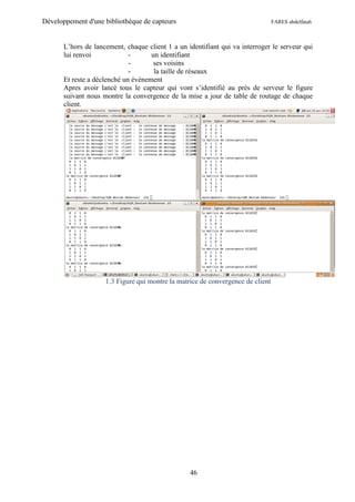 Développement d'une bibliothèque de capteurs                                     FARES abdelfatah



       L’hors de lancement, chaque client 1 a un identifiant qui va interroger le serveur qui
       lui renvoi             -      un identifiant
                              -       ses voisins
                              -       la taille de réseaux
       Et reste a déclenché un événement
       Apres avoir lancé tous le capteur qui vont s’identifié au prés de serveur le figure
       suivant nous montre la convergence de la mise a jour de table de routage de chaque
       client.




                     1.3 Figure qui montre la matrice de convergence de client




                                                  46
 