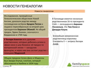 НОВОСТИ ГЕНЕАЛОГИИ
                              Новости генеалогии

Исследования, проведённые
Генеалогическим обществом Новой               В Голливуде имеется несколько
Англии, доказали родство между                родственников 16-го президента
голливудским актёром Брэдом Питом и           США — легендарного Авраама
недавно переизбранным на второй срок          Линкольна. Это Том Хэнкс и
президентом Бараком Обамой. Их общий          Джордж Клуни.
предок, Эдвин Хикман, скончался в
Вирджинии в 1769 году.                         Ближайшая американская
У Хилари Клинтон есть дальние                  родственница королевы
родственники, которые добились успеха в        Елизаветы II — актриса Хилари
сфере кино и шоу-бизнеса: её предки по         Дафф.
материнской линии — канадские
французы, и через них она состоит родстве с
певицами Мадонной.

 Общим предком Селин Дион и Мадонны
 был Закари Клутье, плотник, который
 обосновался в Квебеке в 1634 году.
Страница 4
 