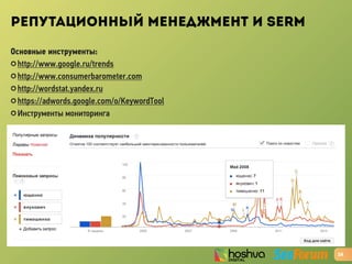 РЕПУТАЦИОННЫЙ МЕНЕДЖМЕНТ И SERM
Основные инструменты:
✪ http://www.google.ru/trends
✪ http://www.consumerbarometer.com
✪ http://wordstat.yandex.ru
✪ https://adwords.google.com/o/KeywordTool
✪ Инструменты мониторинга
24
 