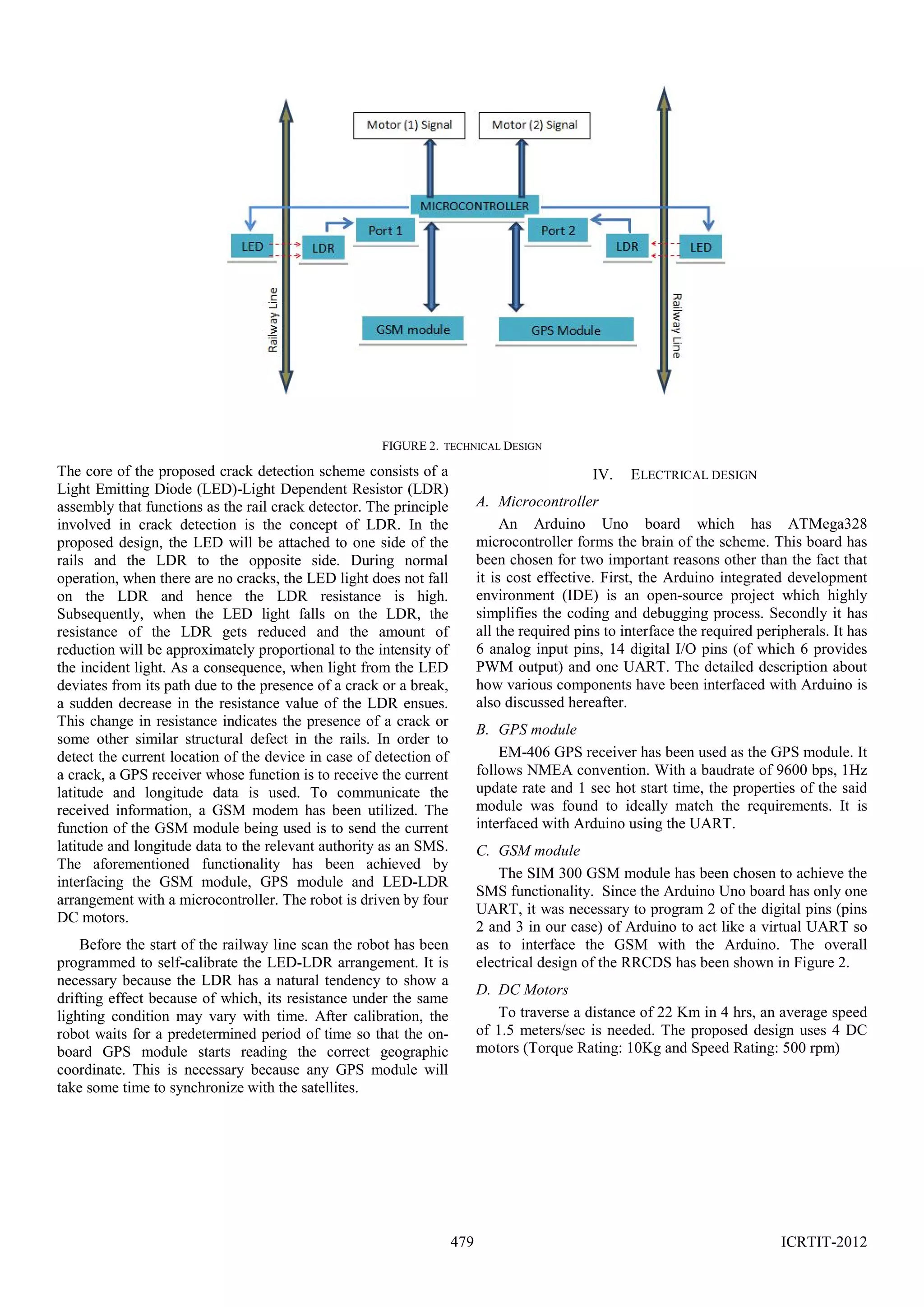 FIGURE 2. TECHNICAL DESIGN

The core of the proposed crack detection scheme consists of a
Light Emitting Diode (LED)-Light Dependent Resistor (LDR)
assembly that functions as the rail crack detector. The principle
involved in crack detection is the concept of LDR. In the
proposed design, the LED will be attached to one side of the
rails and the LDR to the opposite side. During normal
operation, when there are no cracks, the LED light does not fall
on the LDR and hence the LDR resistance is high.
Subsequently, when the LED light falls on the LDR, the
resistance of the LDR gets reduced and the amount of
reduction will be approximately proportional to the intensity of
the incident light. As a consequence, when light from the LED
deviates from its path due to the presence of a crack or a break,
a sudden decrease in the resistance value of the LDR ensues.
This change in resistance indicates the presence of a crack or
some other similar structural defect in the rails. In order to
detect the current location of the device in case of detection of
a crack, a GPS receiver whose function is to receive the current
latitude and longitude data is used. To communicate the
received information, a GSM modem has been utilized. The
function of the GSM module being used is to send the current
latitude and longitude data to the relevant authority as an SMS.
The aforementioned functionality has been achieved by
interfacing the GSM module, GPS module and LED-LDR
arrangement with a microcontroller. The robot is driven by four
DC motors.

IV.

ELECTRICAL DESIGN

A. Microcontroller
An Arduino Uno board which has ATMega328
microcontroller forms the brain of the scheme. This board has
been chosen for two important reasons other than the fact that
it is cost effective. First, the Arduino integrated development
environment (IDE) is an open-source project which highly
simplifies the coding and debugging process. Secondly it has
all the required pins to interface the required peripherals. It has
6 analog input pins, 14 digital I/O pins (of which 6 provides
PWM output) and one UART. The detailed description about
how various components have been interfaced with Arduino is
also discussed hereafter.
B. GPS module
EM-406 GPS receiver has been used as the GPS module. It
follows NMEA convention. With a baudrate of 9600 bps, 1Hz
update rate and 1 sec hot start time, the properties of the said
module was found to ideally match the requirements. It is
interfaced with Arduino using the UART.
C. GSM module
The SIM 300 GSM module has been chosen to achieve the
SMS functionality. Since the Arduino Uno board has only one
UART, it was necessary to program 2 of the digital pins (pins
2 and 3 in our case) of Arduino to act like a virtual UART so
as to interface the GSM with the Arduino. The overall
electrical design of the RRCDS has been shown in Figure 2.

Before the start of the railway line scan the robot has been
programmed to self-calibrate the LED-LDR arrangement. It is
necessary because the LDR has a natural tendency to show a
drifting effect because of which, its resistance under the same
lighting condition may vary with time. After calibration, the
robot waits for a predetermined period of time so that the onboard GPS module starts reading the correct geographic
coordinate. This is necessary because any GPS module will
take some time to synchronize with the satellites.

D. DC Motors
To traverse a distance of 22 Km in 4 hrs, an average speed
of 1.5 meters/sec is needed. The proposed design uses 4 DC
motors (Torque Rating: 10Kg and Speed Rating: 500 rpm)

479

ICRTIT-2012

 
