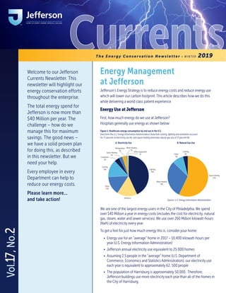 CurrentsEnergy Management
at Jefferson
Jefferson’s Energy Strategy is to reduce energy costs and reduce energy use
which will lower our carbon footprint. This article describes how we do this
while delivering a world class patient experience.
Energy Use at Jefferson
First, how much energy do we use at Jefferson?
Hospitals generally use energy as shown below:
We are one of the largest energy users in the City of Philadelphia. We spend
over $40 Million a year in energy costs (includes the cost for electricity, natural
gas, steam, water and sewer services). We use over 260 Million kilowatt-hours
(Kwh) of electricity every year.  
To get a feel for just how much energy this is, consider your home:
•	 Energy use for an “average” home in 2017 – 10,400 kilowatt-hours per
year (U.S. Energy Information Administration)
•	 Jefferson annual electricity use equivalent to 25,000 homes
•	 Assuming 2.5 people in the “average” home (U.S. Department of
Commerce, Economics and Statistics Administration), our electricity use
each year is equivalent to approximately 62, 500 people
•	 The population of Harrisburg is approximately 50,000. Therefore,
Jefferson buildings use more electricity each year than all of the homes in
the City of Harrisburg.
The Energy Conser vation Newsletter • W I N T E R 2019
Vol.17,No.2
Welcome to our Jefferson
Currents Newsletter. This
newsletter will highlight our
energy conservation efforts
throughout the enterprise.
The total energy spend for
Jefferson is now more than
$40 Million per year. The
challenge – how do we
manage this for maximum
savings. The good news –
we have a solid proven plan
for doing this, as described
in this newsletter. But we
need your help.
Every employee in every
Department can help to
reduce our energy costs.
Please learn more...
and take action!
Water Heating
1%
Office Equipment
1%
Refrigeration
3%
Space Heating
3%
Computers
4%
Cooling
14%
Other
15%
Vetilation
15%
Lighting
43%
Space Heating
57%
Cooking
4%Other
9%
Water Heating
30%
A. Electricity Use B. Natural Gas Use
Figure 1: Healthcare energy consumption by end use in the U.S.
Data from the U.S. Energy Information Administration show that cooling, lighting and ventilation account
for 72 percent of electricity use (A), and space heating dominate natural gas use at 57 percent (B).
Source: U.S. Energy Information Administration
 