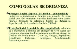 COMO O SUAS SE ORGANIZACOMO O SUAS SE ORGANIZA
Proteção Social Especial de média complexidade -
destina-se a indivíduos e famílias em situação de risco
social que não romperam vínculos familiares e/ou comu-
nitários. Unidade de referência Centro de Referência
Especializado de Assistência Social - CREAS.
Proteção Social Especial de alta complexidade - destina-
se a indivíduos e famílias em situação de risco social que
romperam vínculos familiares e/ou comunitários, através de
Centrais de Acolhimento – Casa-Lar, Abrigos, Repúblicas,
Residências Inclusivas, Albergues, Semiliberdade,
Internatos, e outros.
 