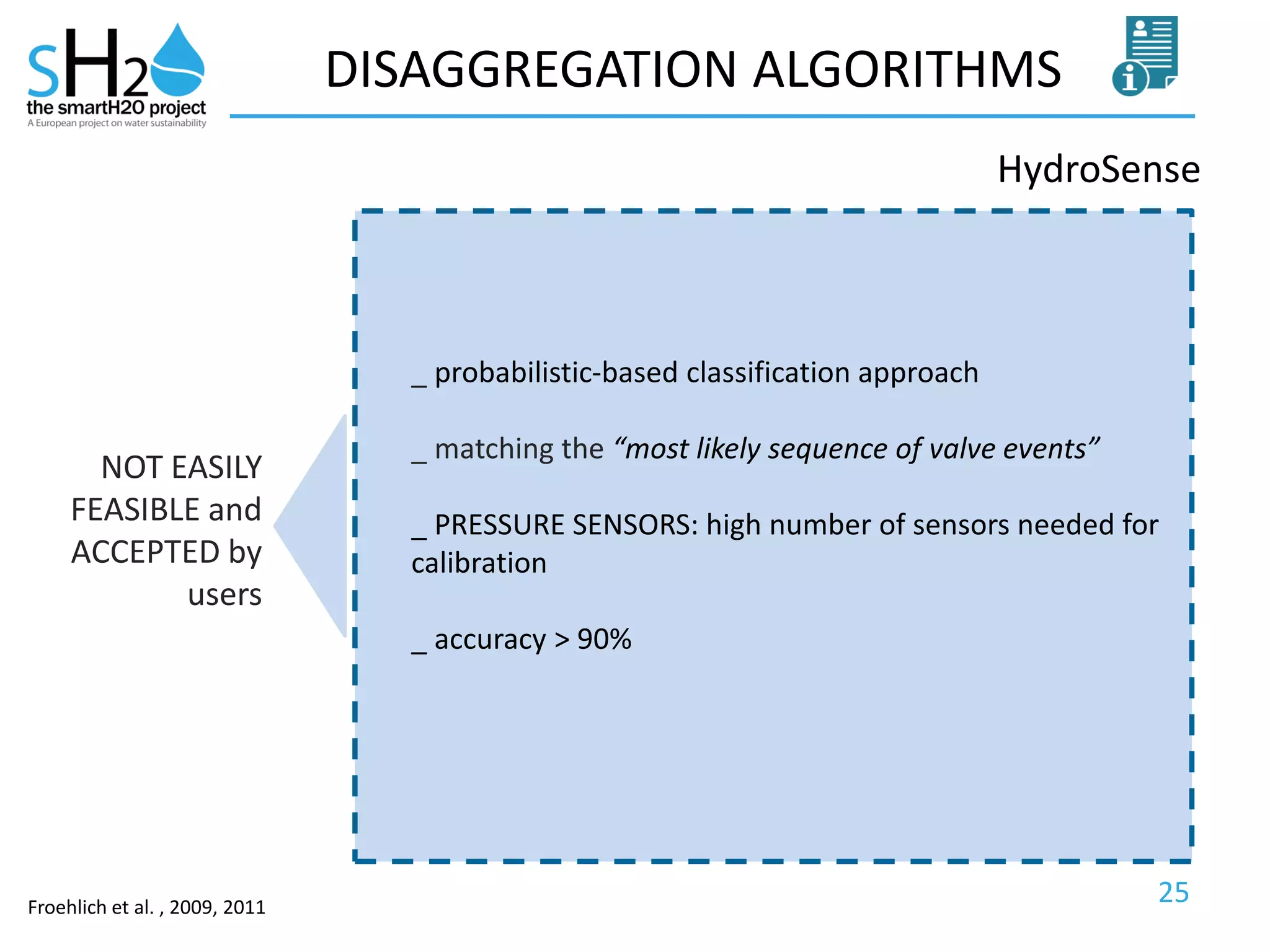 25
DISAGGREGATION ALGORITHMS
HydroSense
Froehlich et al. , 2009, 2011
_ probabilistic-based classification approach
_ matching the “most likely sequence of valve events”
_ PRESSURE SENSORS: high number of sensors needed for
calibration
_ accuracy > 90%
NOT EASILY
FEASIBLE and
ACCEPTED by
users
 