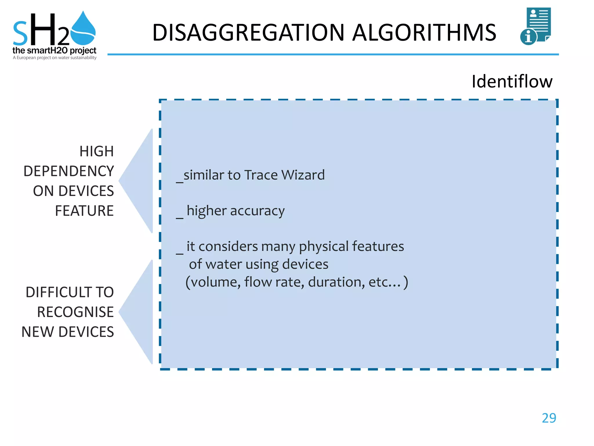 29
DISAGGREGATION ALGORITHMS
Identiflow
_similar to Trace Wizard
_ higher accuracy
_ it considers many physical features
of water using devices
(volume, flow rate, duration, etc…)
HIGH
DEPENDENCY
ON DEVICES
FEATURE
DIFFICULT TO
RECOGNISE
NEW DEVICES
 
