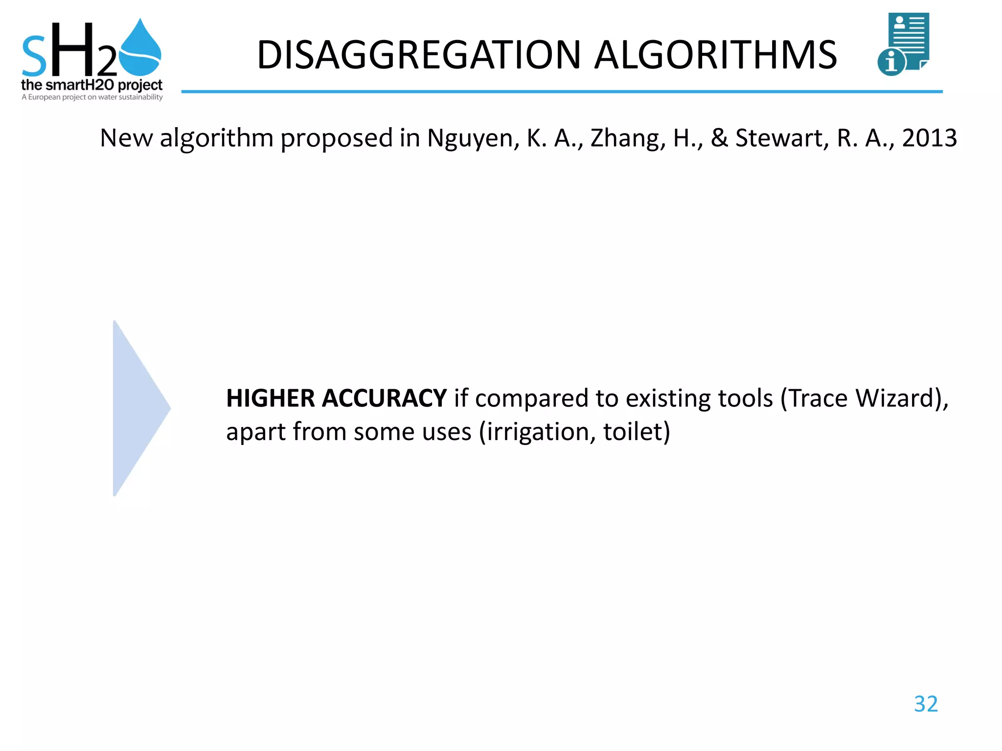 32
DISAGGREGATION ALGORITHMS
New algorithm proposed in Nguyen, K. A., Zhang, H., & Stewart, R. A., 2013
HIGHER ACCURACY if compared to existing tools (Trace Wizard),
apart from some uses (irrigation, toilet)
 