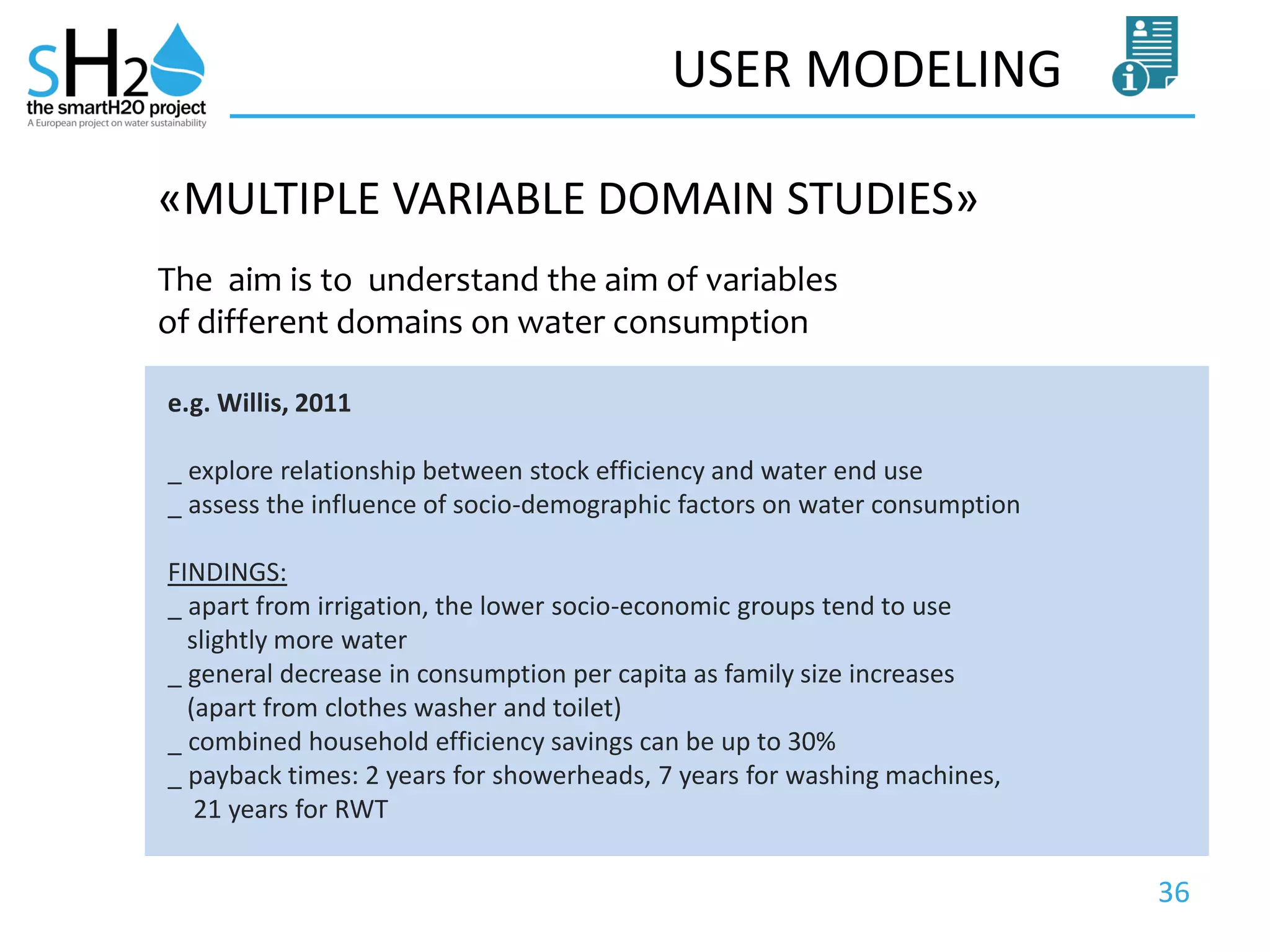 36
USER MODELING
The aim is to understand the aim of variables
of different domains on water consumption
«MULTIPLE VARIABLE DOMAIN STUDIES»
e.g. Willis, 2011
_ explore relationship between stock efficiency and water end use
_ assess the influence of socio-demographic factors on water consumption
FINDINGS:
_ apart from irrigation, the lower socio-economic groups tend to use
slightly more water
_ general decrease in consumption per capita as family size increases
(apart from clothes washer and toilet)
_ combined household efficiency savings can be up to 30%
_ payback times: 2 years for showerheads, 7 years for washing machines,
21 years for RWT
 
