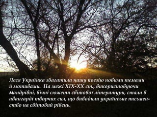 Леся Українка збагатила нашу поезію новими темами
й мотивами. На межі ХІХ-ХХ ст., використовуючи
мандрівні, вічні сюжети світової літератури, стала в
авангарді творчих сил, що виводили українське письмен-
ство на світовий рівень.
 