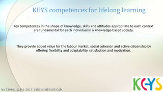 Key competences in the shape of knowledge, skills and attitudes appropriate to each context
are fundamental for each individual in a knowledge-based society.
They provide added value for the labour market, social cohesion and active citizenship by
offering flexibility and adaptability, satisfaction and motivation.
KEYS competences for lifelong learning
No 539401-LLP-1-2013-1-BG-COMENIUS-CAM
 