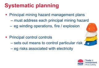  
Principal mining hazard management plans 
– 
must address each principal mining hazard 
– 
eg winding operations, fire / explosion 
 
Principal control controls 
– 
sets out means to control particular risk 
– 
eg risks associated with electricity 
Systematic planning  