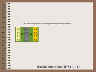 Rinaldi Munir/Prodi IF/STEI ITB
XOR-kan kolom pertama state dengan kolom pertama round key:
 
