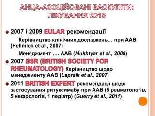 2007 і 2009 рекомендації
Керівництво клінічних досліджень… при ААВ
(Hellmich et al., 2007)
Менеджмент …. ААВ (Mukhtyar et al., 2009)
2007
Керівництво щодо
менеджменту ААВ (Lapraik et al., 2007)
2011 рекомендації щодо
застосування ритуксимабу при ААВ (5 ревматологів,
5 нефрологів, 1 педіатр) (Guerry et al., 2011)
 