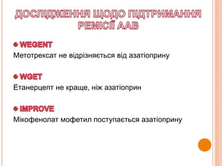 Метотрексат не відрізняється від азатіоприну
Етанерцепт не краще, ніж азатіоприн
Мікофенолат мофетил поступається азатіоприну
 