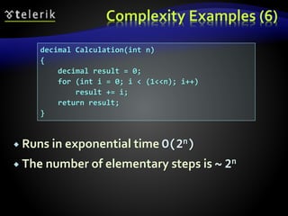 Complexity Examples (6)
 Runs in exponential time O(2n)
 The number of elementary steps is ~ 2n
decimal Calculation(int n)
{
decimal result = 0;
for (int i = 0; i < (1<<n); i++)
result += i;
return result;
}
 