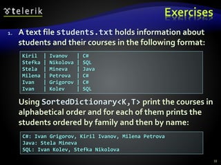 Exercises
1. A text file students.txt holds information about
students and their courses in the following format:
Using SortedDictionary<K,T> print the courses in
alphabetical order and for each of them prints the
students ordered by family and then by name:
33
Kiril | Ivanov | C#
Stefka | Nikolova | SQL
Stela | Mineva | Java
Milena | Petrova | C#
Ivan | Grigorov | C#
Ivan | Kolev | SQL
C#: Ivan Grigorov, Kiril Ivanov, Milena Petrova
Java: Stela Mineva
SQL: Ivan Kolev, Stefka Nikolova
 