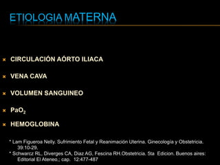 ETIOLOGIA MATERNA
* Lam Figueroa Nelly. Sufrimiento Fetal y Reanimación Uterina. Ginecología y Obstetricia.
39:10-29.
* Schwarcz RL, Diverges CA, Diaz AG, Fescina RH.Obstetricia. 5ta Edicion. Buenos aires:
Editorial El Ateneo,; cap. 12:477-487
 CIRCULACIÓN AÓRTO ILIACA
 VENA CAVA
 VOLUMEN SANGUINEO
 PaO2
 HEMOGLOBINA
 