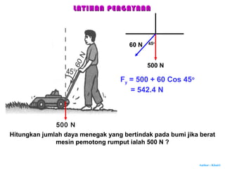 Author : Khairi
Hitungkan jumlah daya menegak yang bertindak pada bumi jika berat
mesin pemotong rumput ialah 500 N ?
500 N
500 N
60 N 45o
Fy = 500 + 60 Cos 45o
= 542.4 N
LATIHAN PENGAYAANLATIHAN PENGAYAAN
 