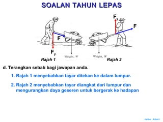 Author : Khairi
d. Terangkan sebab bagi jawapan anda.
F
F
Fy
Fy
1. Rajah 1 menyebabkan tayar ditekan ke dalam lumpur.
Rajah 1 Rajah 2
2. Rajah 2 menyebabkan tayar diangkat dari lumpur dan
mengurangkan daya geseren untuk bergerak ke hadapan
SOALAN TAHUN LEPASSOALAN TAHUN LEPAS
 