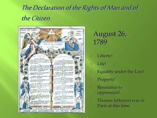 TheDeclarationoftheRightsofManandof
theCitizen
August 26,
1789
V Liberty!
V Life!
V Equality under the Law!
V Property!
V Resistance to
oppression!
V Thomas Jefferson was in
Paris at this time.
 