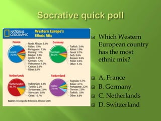  Which Western
European country
has the most
ethnic mix?
 A. France
 B. Germany
 C. Netherlands
 D. Switzerland
 