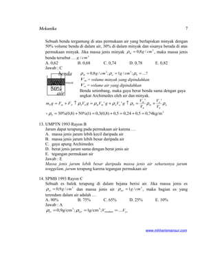 Mekanika
Sebuah benda tergantung di atas permukaan air yang berlapiskan minyak dengan
50% volume benda di dalam air, 30% di dalam minyak dan sisanya berada di atas
permukaan minyak. Jika massa jenis minyak
3
/8,0 cmgm =ρ , maka massa jenis
benda tersebut … 3
/ cmg
A. 0,62 B. 0,68 C. 0,74 D. 0,78 E. 0,82
Jawab : C
?...;/1;/8,0 33
=== bam cmgcmg ρρρ
mV = volume minyak yang dipindahkan
aV = volume air yang dipindahkan
Benda setimbang, maka gaya berat benda sama dengan gaya
angkat Archimedes oleh air dan minyak.
3
kg/m74,05,024,05,0)8,0(3,0)1%(50)8,0%(30
''
''
=+=+=+=
+=↑+=↑+=
b
a
b
a
m
b
m
baammbbAmb
V
V
V
V
gVgVgVFFgm
ρ
ρρρρρρ

13. UMPTN 1993 Rayon B
Jarum dapat terapung pada permukaan air karena …
A. massa jenis jarum lebih kecil daripada air
B. massa jenis jarum lebih besar daripada air
C. gaya apung Archimedes
D. berat jenis jarum sama dengan berat jenis air
E. tegangan permukaan air
Jawab : E
Massa jenis jarum lebih besar daripada massa jenis air seharusnya jarum
tenggelam, jarum terapung karena tegangan permukaan air
14. SPMB 1993 Rayon C
Sebuah es balok terapung di dalam bejana berisi air. Jika massa jenis es
3
/9,0 cmges =ρ dan massa jenis air
3
/1 cmgair =ρ , maka bagian es yang
terendam dalam air adalah …
A. 90% B. 75% C. 65% D. 25% E. 10%
Jawab : A
esaires VV ....;g/cm1;g/cm9,0 rendam
33
=== ρρ
www.mhharismansur.com
air
benda
%30
%50
minyak
7
 