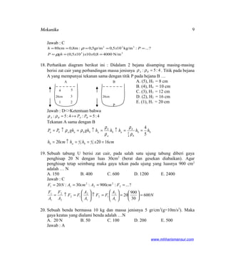 Mekanika
Jawab : C
23
333
N/m40008,010)105,0(
?...:kg/m105,0gr/m5,0:m8,0cm80
===
=====
xxxghP
Pxh
ρ
ρ
18. Perhatikan diagram berikut ini : Didalam 2 bejana disamping masing-masing
berisi zat cair yang perbandingan massa jenisnya 4:5: =BA ρρ . Titik pada bejana
A yang mempunyai tekanan sama dengan titik P pada bejana B …
A. (5), H5 = 8 cm
B. (4), H4 = 10 cm
C. (3), H3 = 12 cm
D. (2), H2 = 16 cm
E. (1), H1 = 20 cm
Jawab : D<>Ketentuan bahwa
4:5:4:5: == BABA PPρρ
Tekanan A sama dengan B
cmxhhcmh
hhhhhghghPP
bab
bb
b
b
ab
a
b
abbaaba
162020
5
4
5
4
5
4
4
5
===↑=
==↑=↑=↑=
ρ
ρ
ρ
ρ
ρρ
19. Sebuah tabung U berisi zat cair, pada salah satu ujung tabung diberi gaya
penghisap 20 N dengan luas 30cm2
(berat dan gesekan diabaikan). Agar
penghisap tetap seimbang maka gaya tekan pada ujung yang luasnya 900 cm2
adalah … N
A. 150 B. 400 C. 600 D. 1200 E. 2400
Jawab : C
N
A
A
FF
A
A
FF
A
F
A
F
FcmAcmANF
600
30
900
20
?...:900:30:20
1
2
12
1
2
12
2
2
1
1
2
2
2
2
11
=





=





=↑





=↑=
====
20. Sebuah benda bermassa 10 kg dan massa jenisnya 5 gr/cm3
(g=10m/s2
). Maka
gaya keatas yang dialami benda adalah …N
A. 20 N B. 50 C. 100 D. 200 E. 500
Jawab : A
www.mhharismansur.com
1 2
3
5
A
4
20cm
B
P
20cm
9
 