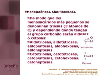 11
Briseño
De modo que los
monosacáridos más pequeños se
denominan triosas (3 átomos de
C) y dependiendo dónde tengan
el grupo carbonilo serán aldosas
o cetosas:
Aldotriosas, aldotetrosas,
aldopentosas, aldohexosas,
aldoheptosas.
Cetotriosas, cetotetrosas,
cetopentosas, cetohexosas.
cetoheptosas.
Monosacáridos. Clasificaciones.
Bioquímica. Las bases moleculares de la estructura y función celular.
Lehninger. 2ª Edición. 1991. Ediciones Omega.
Parte 1. Componentes moleculares de las células.
Capítulo 10. Azúcares, polisacáridos de reserva y paredes celulares: 256 y 257.
 