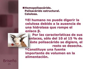 15
Briseño
El humano no puede digerir la
celulosa debido a la ausencia de
una hidrolasa que rompe el
enlace β.
Por las características de sus
enlaces, sólo del 10 al 15 % de
éste polisacárido se digiere, el
resto se desecha.
Constituye una fuente
importante de volumen en la
alimentación.
Homopolisacárido.
Polisacárido estructural.
Celulosa.
 