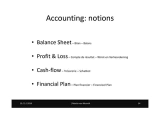 Martin van Wunnik 1419 / 3 / 2016 | Martin van Wunnik 1419 / 3 / 2016
Accounting: notions
• Balance Sheet– Bilan – Balans
• Profit & Loss– Compte de résultat – Winst-en Verliesrekening
• Cash-flow– Trésorerie – Schatkist
• Financial Plan– Plan financier – Financieel Plan
 