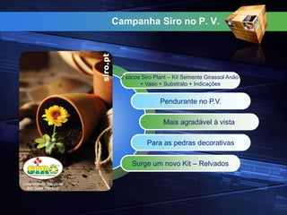 Campanha Siro no P. V.
2 sacos Siro Plant – Kit Semente Girassol Anão
+ Vaso + Substrato + Indicações
Pendurante no P.V.
Mais agradável à vista
Para as pedras decorativas
Surge um novo Kit – Relvados
 