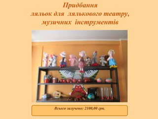 Придбання
ляльок для лялькового театру,
музичних інструментів
Всього залучено: 2100,00 грн.
 