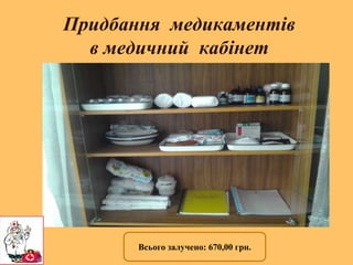 Придбання медикаментів
в медичний кабінет
Всього залучено: 670,00 грн.
 