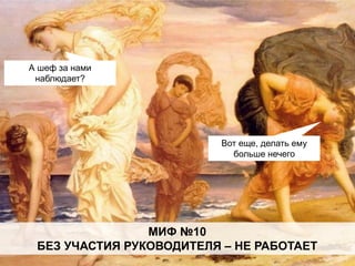 МИФ №10
БЕЗ УЧАСТИЯ РУКОВОДИТЕЛЯ – НЕ РАБОТАЕТ
А шеф за нами
наблюдает?
Вот еще, делать ему
больше нечего
 