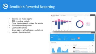 Sendible’s Powerful Reporting
• Detailed pre-made reports
• 200+ reporting modules
• Cheat sheets to easily explain the re...