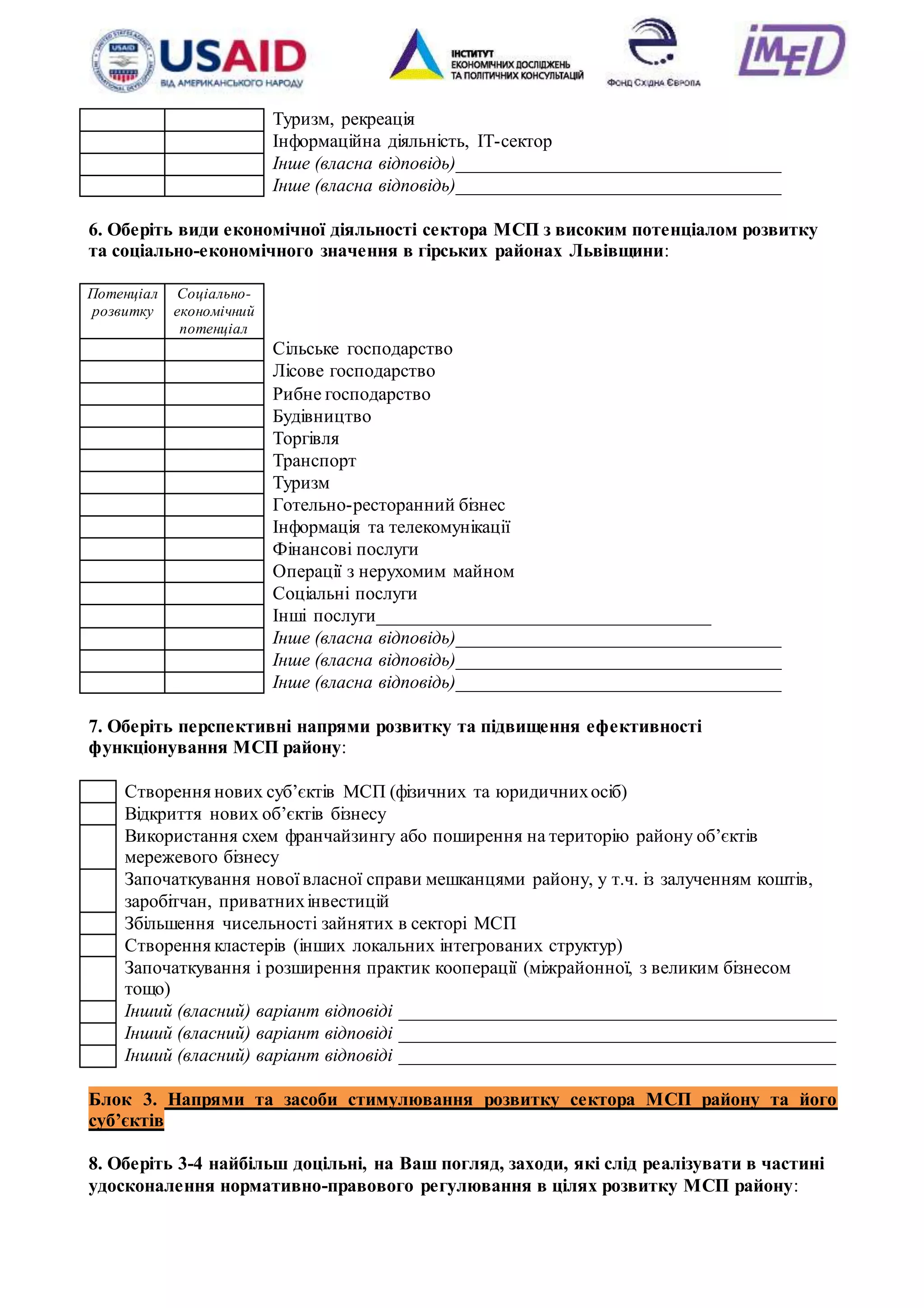 19
Туризм, рекреація
Інформаційна діяльність, ІТ-сектор
Інше (власна відповідь)___________________________________
Інше (власна відповідь)___________________________________
6. Оберіть види економічної діяльності сектора МСП з високим потенціалом розвитку
та соціально-економічного значення в гірських районах Львівщини:
Потенціал
розвитку
Соціально-
економічний
потенціал
Сільське господарство
Лісове господарство
Рибне господарство
Будівництво
Торгівля
Транспорт
Туризм
Готельно-ресторанний бізнес
Інформація та телекомунікації
Фінансові послуги
Операції з нерухомим майном
Соціальні послуги
Інші послуги____________________________________
Інше (власна відповідь)___________________________________
Інше (власна відповідь)___________________________________
Інше (власна відповідь)___________________________________
7. Оберіть перспективні напрями розвитку та підвищення ефективності
функціонування МСП району:
Створення нових суб’єктів МСП (фізичних та юридичнихосіб)
Відкриття нових об’єктів бізнесу
Використання схем франчайзингу або поширення на територію району об’єктів
мережевого бізнесу
Започаткування нової власної справи мешканцями району, у т.ч. із залученням коштів,
заробітчан, приватнихінвестицій
Збільшення чисельності зайнятих в секторі МСП
Створення кластерів (інших локальних інтегрованих структур)
Започаткування і розширення практик кооперації (міжрайонної, з великим бізнесом
тощо)
Інший (власний) варіант відповіді _______________________________________________
Інший (власний) варіант відповіді _______________________________________________
Інший (власний) варіант відповіді _______________________________________________
Блок 3. Напрями та засоби стимулювання розвитку сектора МСП району та його
суб’єктів
8. Оберіть 3-4 найбільш доцільні, на Ваш погляд, заходи, які слід реалізувати в частині
удосконалення нормативно-правового регулювання в цілях розвитку МСП району:
 