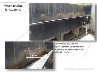 0.70M
WASH BASINS
for students
ALL DIMENSIONS ARE IN METRES
4 TAP WASH BASINS ARE
PROVIDED FOR CHILDREN FOR
WASHING HANDS AFTER AND
BEFORE LUNCH
 